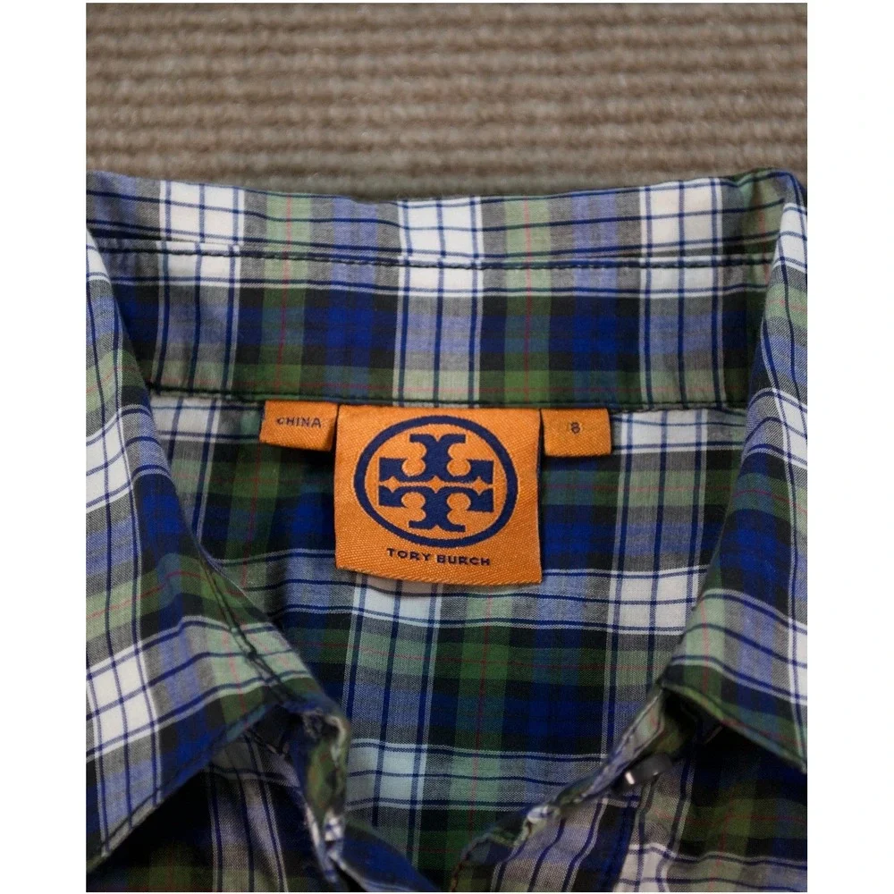 Tory Burch Blue Green Tartan Plaid Ruffle Front Button Down Blouse Small EUC